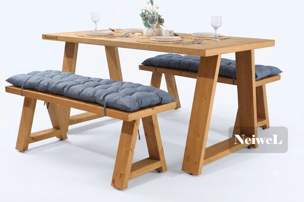 Neiwel Garden Zena Doğal Ahşap Banklı Bahçe Masa Takımı