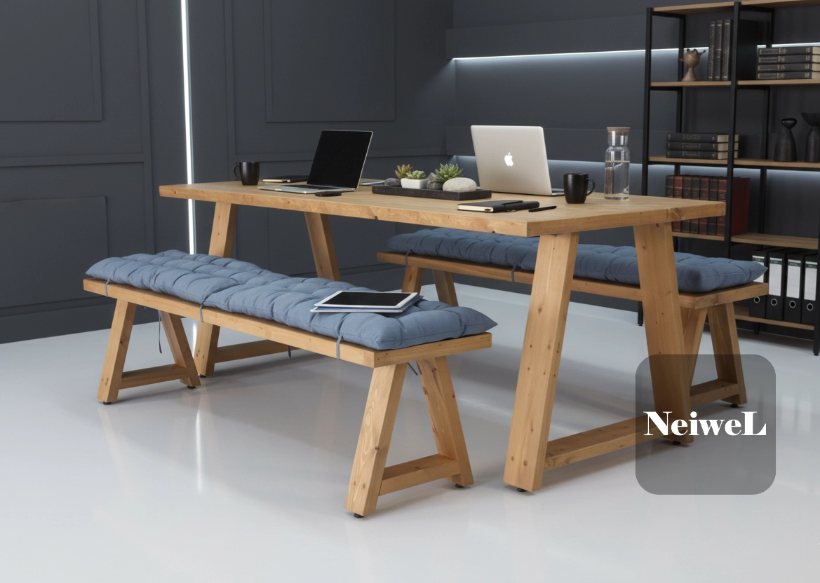 Neiwel Dove Doğal Ahşap Banklı Toplantı Masası Takımı