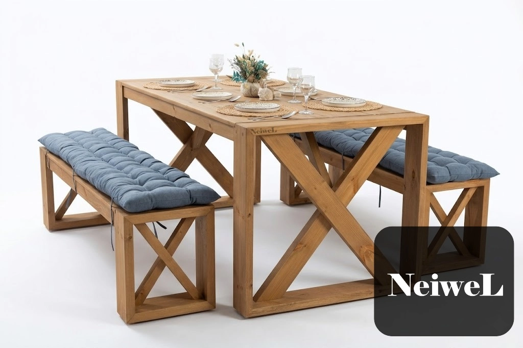 Neiwel Garden Mora Doğal Ahşap Banklı Bahçe Yemek  Masası Takımı