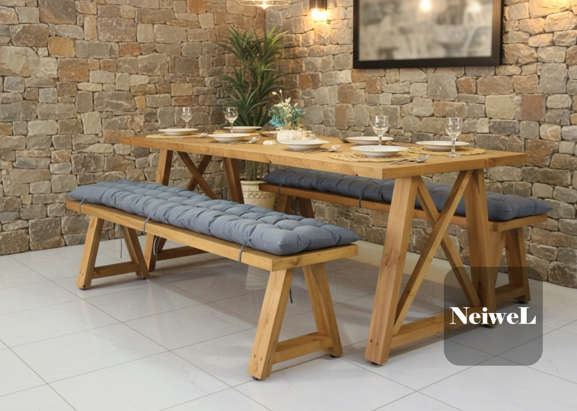 Neiwel Pina Doğal Ahşap Banklı Yemek Masası Takımı