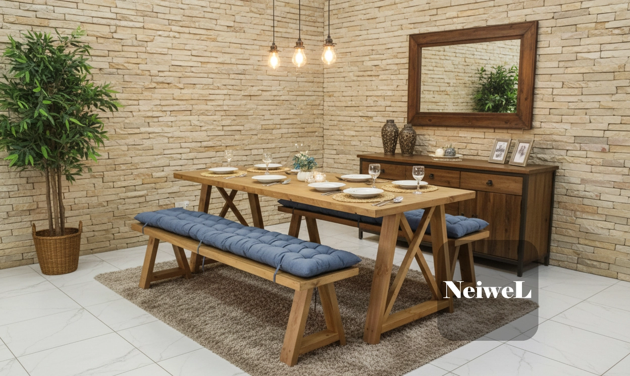 Neiwel Pina Doğal Ahşap Banklı Yemek Masası Takımı
