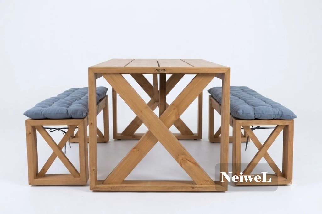 Neiwel Garden Mora Doğal Ahşap Banklı Bahçe Yemek  Masası Takımı