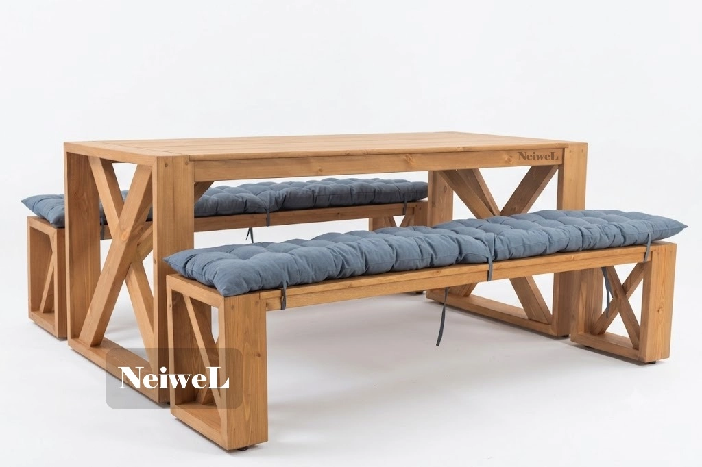 Neiwel Garden Mora Doğal Ahşap Banklı Bahçe Yemek  Masası Takımı