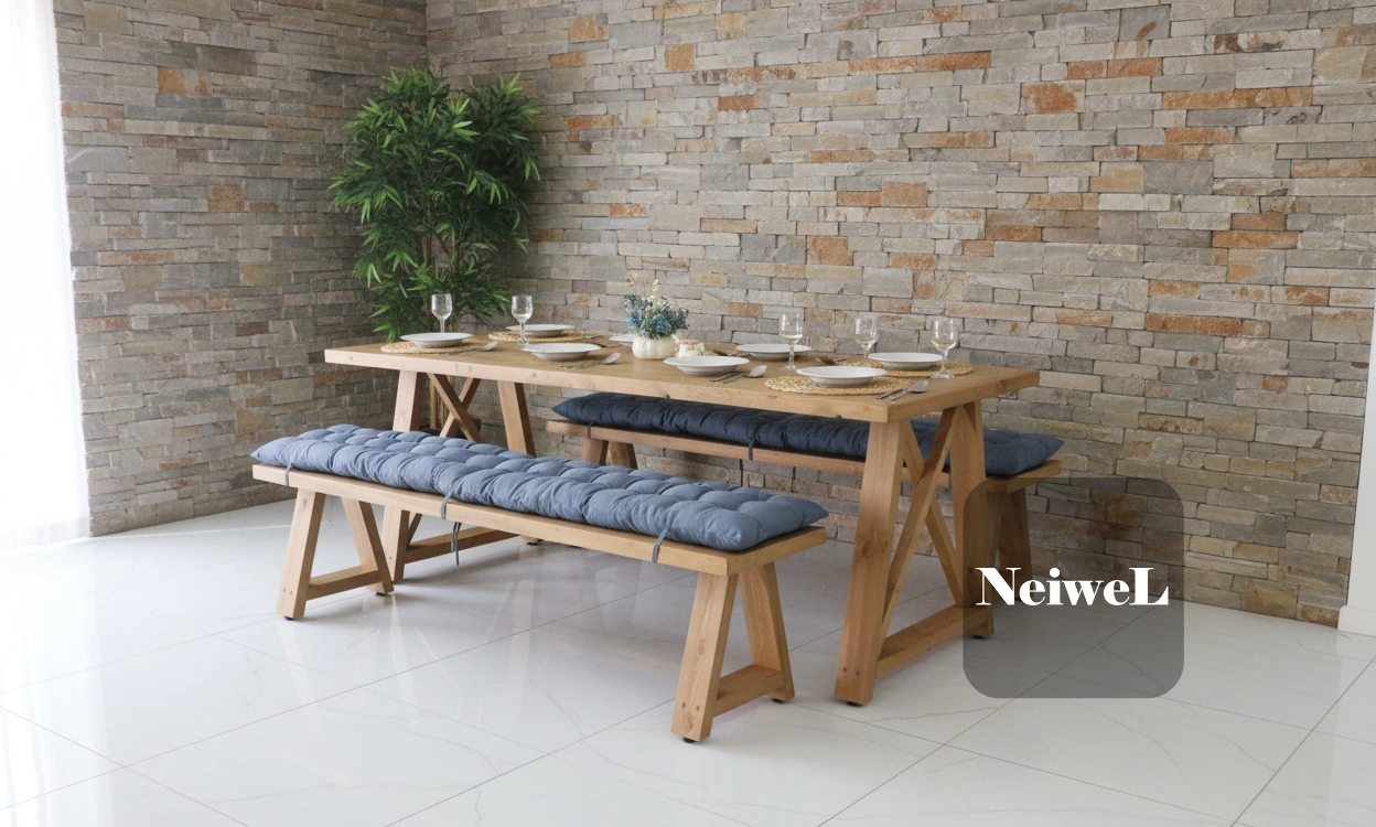Neiwel Pina Doğal Ahşap Banklı Yemek Masası Takımı