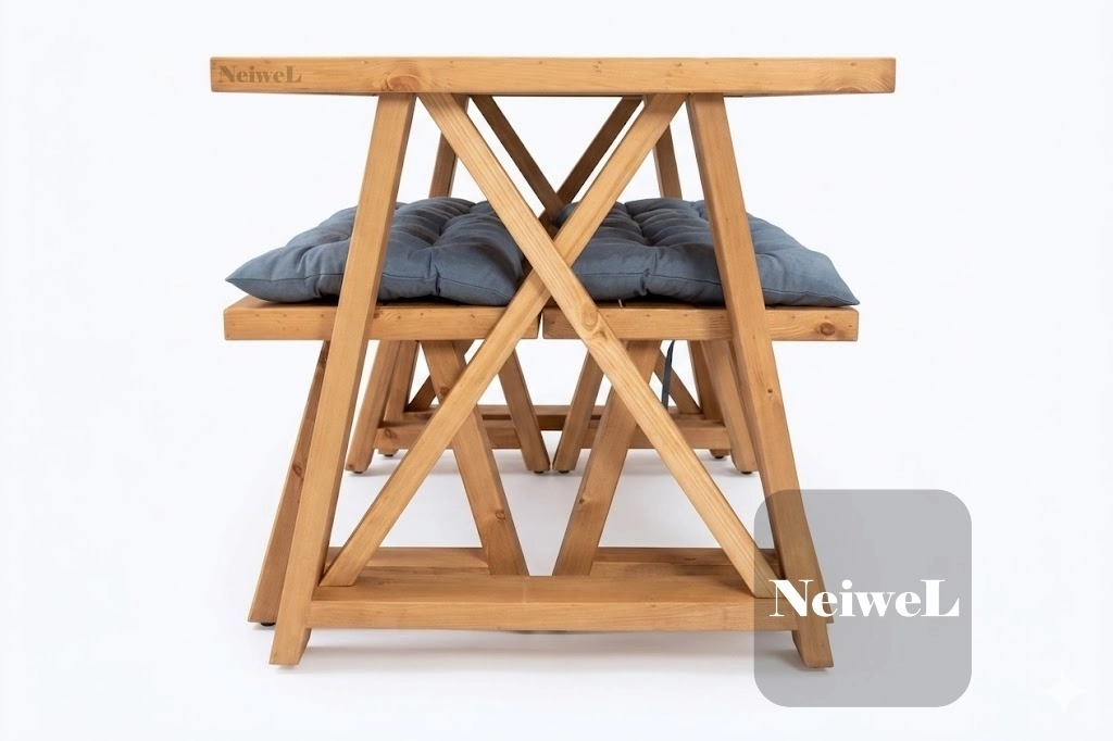 Neiwel Garden Mare Doğal Ahşap Banklı Bahçe Masa Takımı