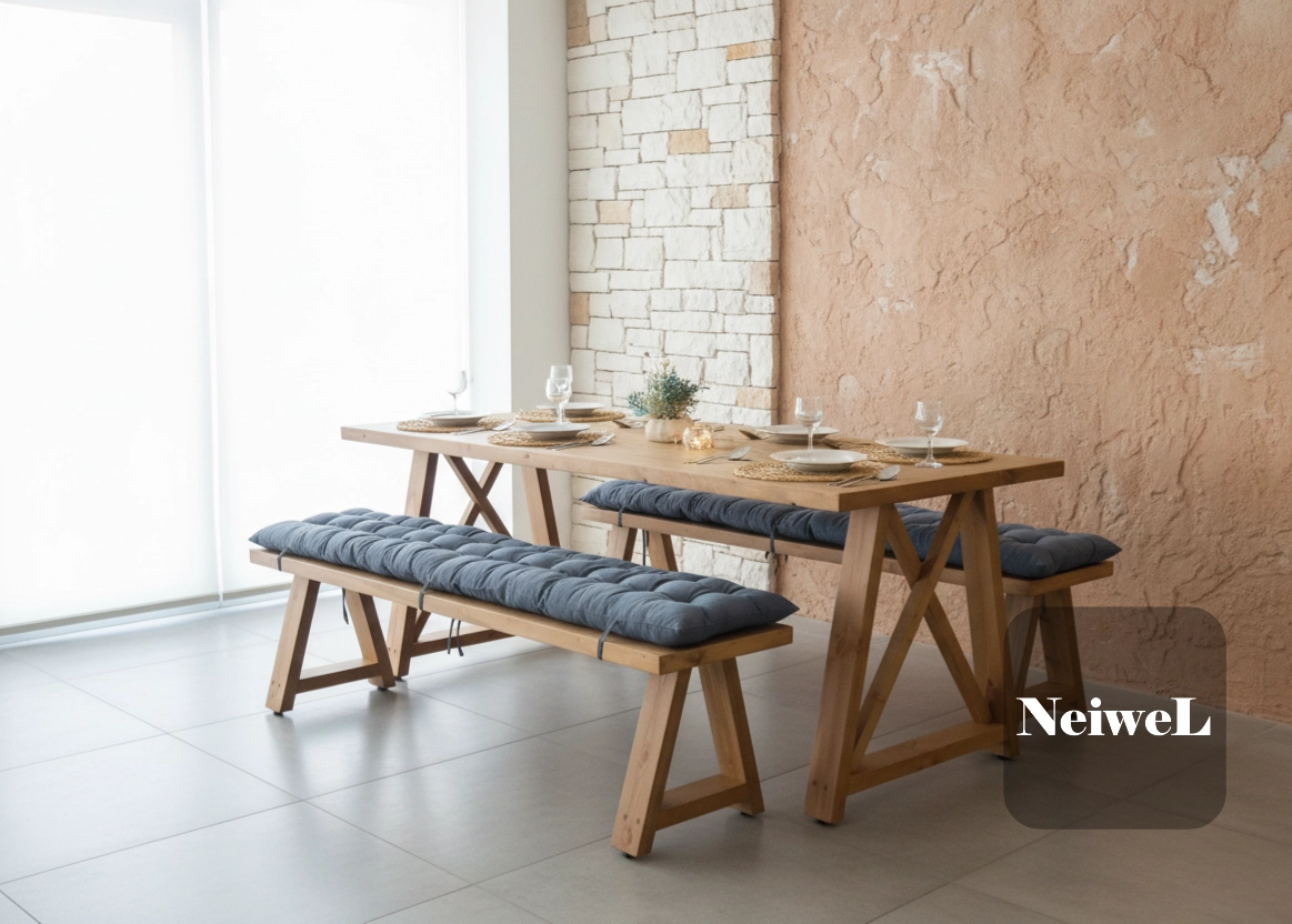 Neiwel Pina Doğal Ahşap Banklı Yemek Masası Takımı
