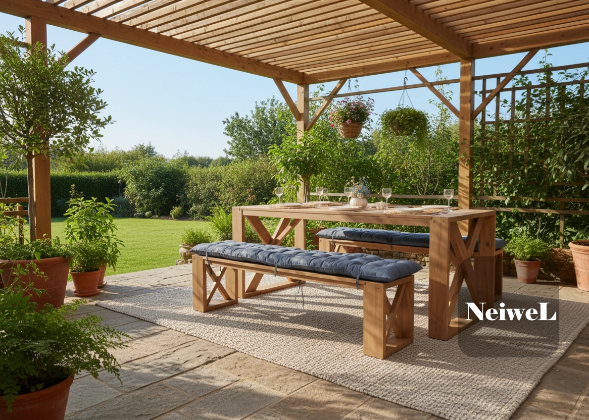 Neiwel Garden Mora Doğal Ahşap Banklı Bahçe Yemek  Masası Takımı