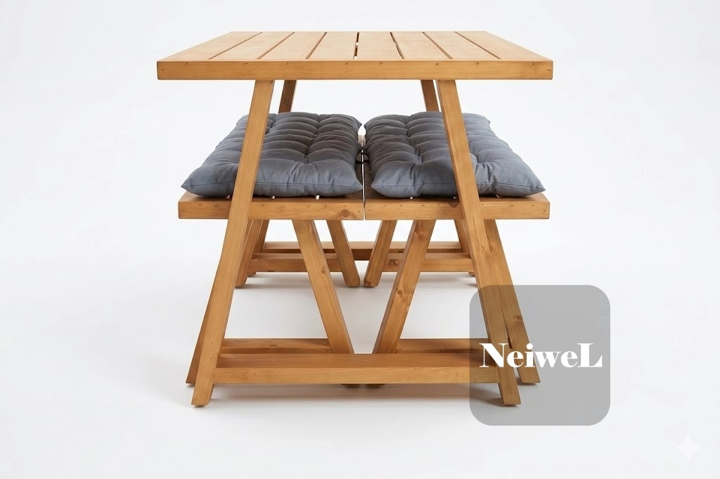 Neiwel Garden Zena Doğal Ahşap Banklı Bahçe Masa Takımı