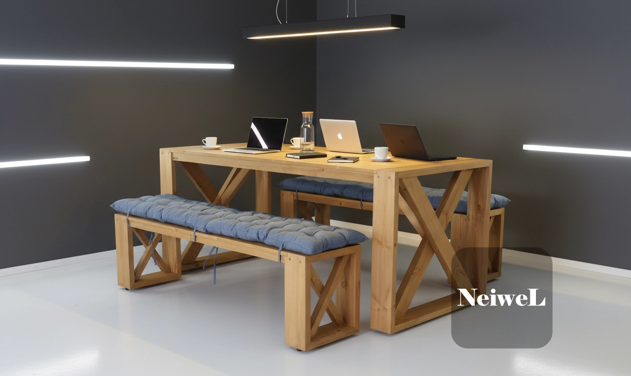 Neiwel Leina Doğal Ahşap Banklı Toplantı Masası Takımı