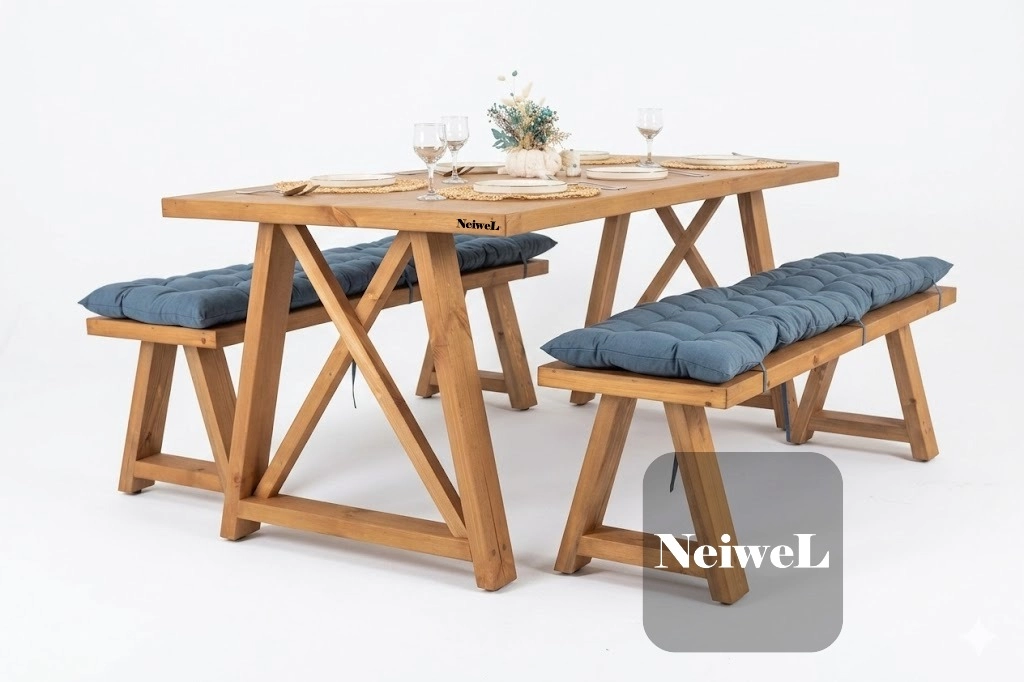 Neiwel Pina Doğal Ahşap Banklı Yemek Masası Takımı
