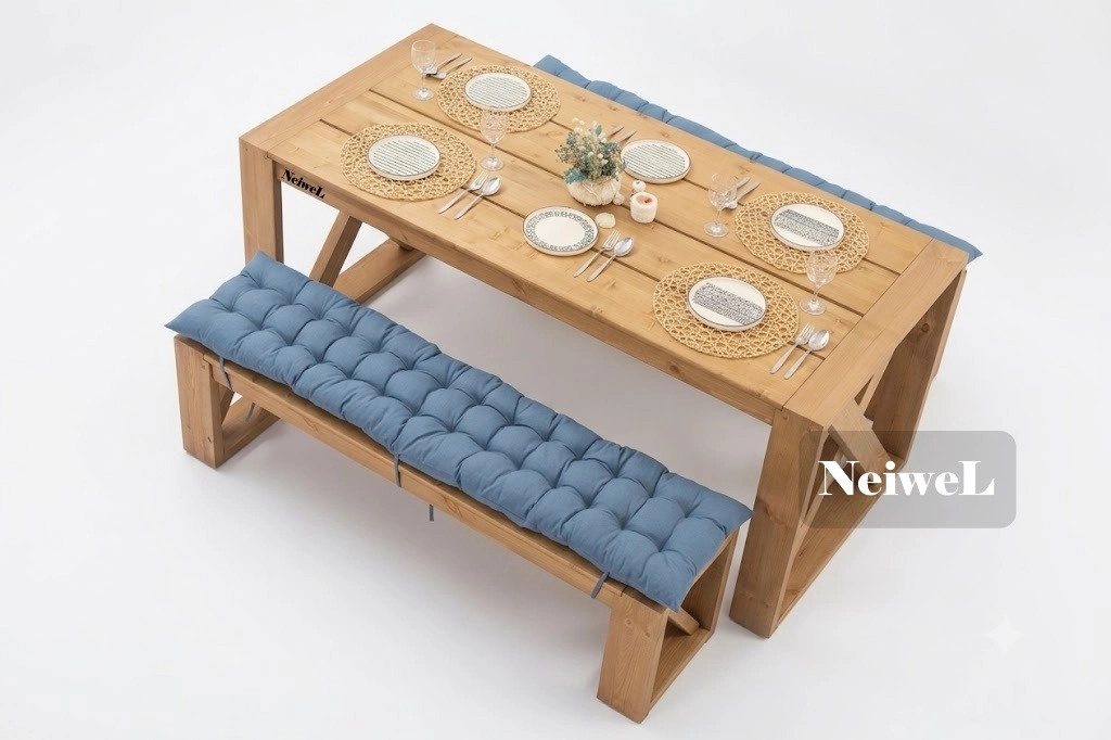 Neiwel Garden Mora Doğal Ahşap Banklı Bahçe Yemek  Masası Takımı