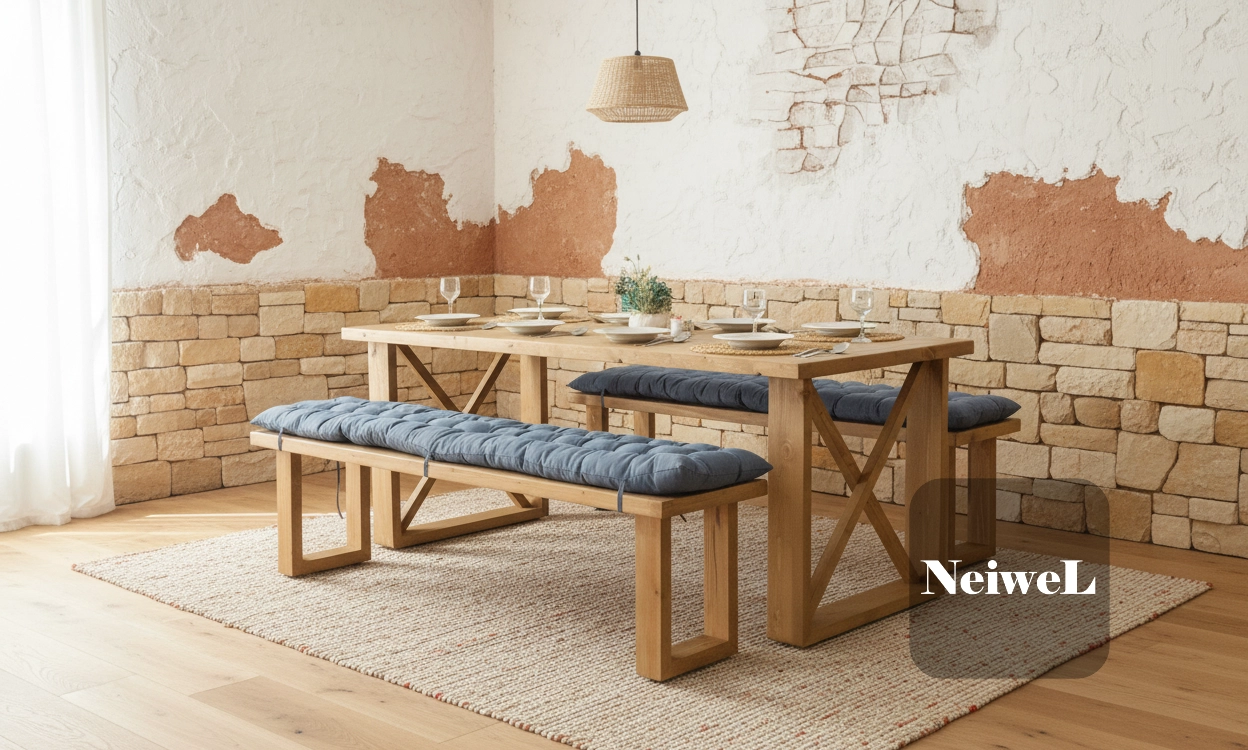 Neiwel Leis Doğal Ahşap Banklı Yemek Masası Takımı