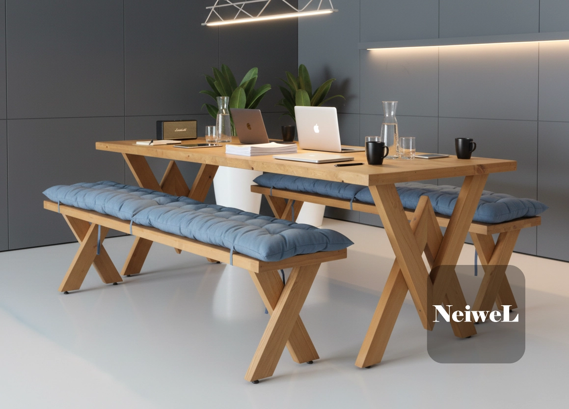 Neiwel Linna Doğal Ahşap Banklı Toplantı Masası Takımı