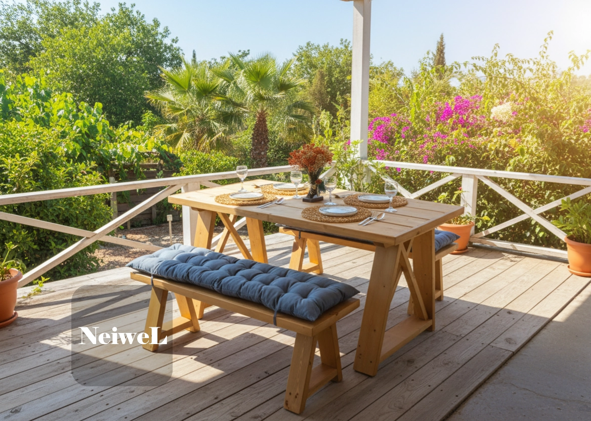 Neiwel Garden Mare Doğal Ahşap Banklı Bahçe Masa Takımı