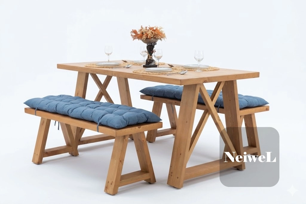 Neiwel Garden Mare Doğal Ahşap Banklı Bahçe Masa Takımı