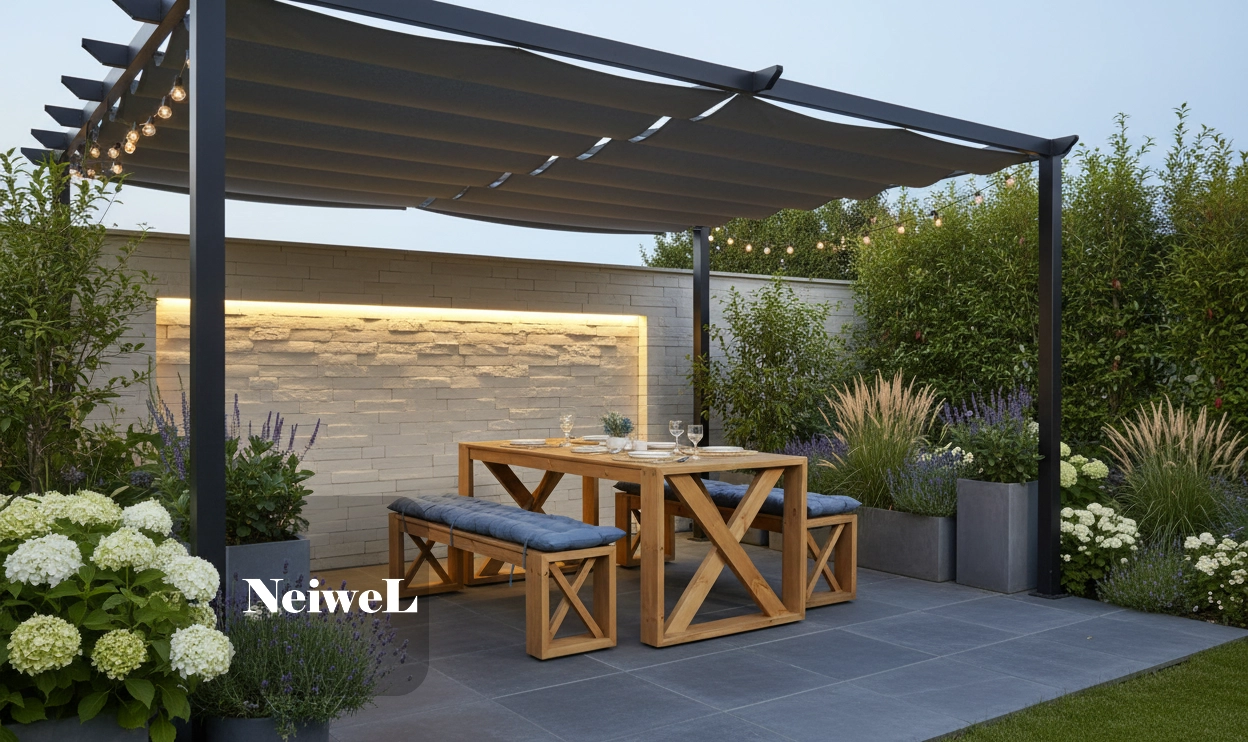 Neiwel Garden Mora Doğal Ahşap Banklı Bahçe Yemek  Masası Takımı
