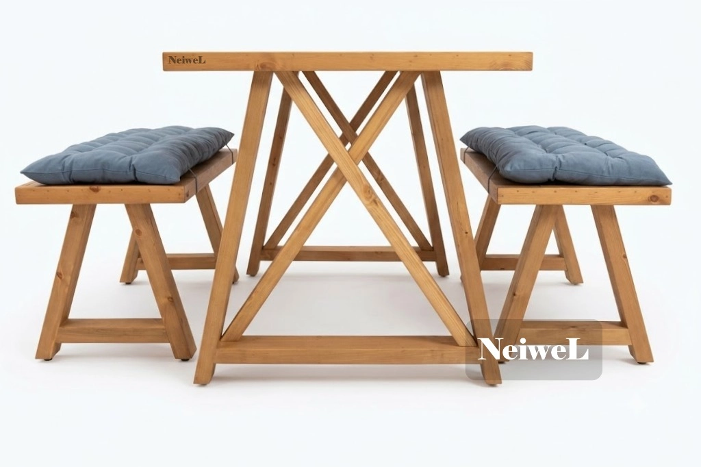 Neiwel Garden Mare Doğal Ahşap Banklı Bahçe Masa Takımı