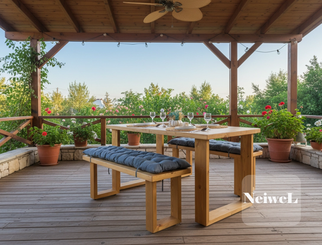 Neiwel Garden Avex Doğal Ahşap Banklı Bahçe Masa Takımı
