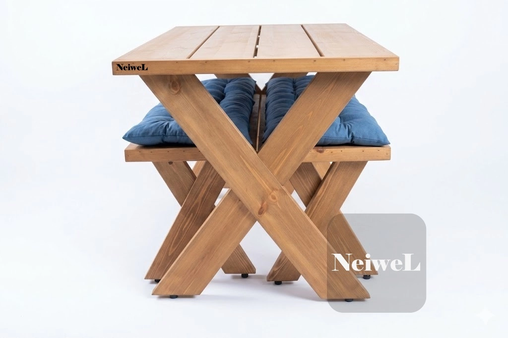Neiwel Garden Aksa Doğal Ahşap Banklı Bahçe Masa Takımı