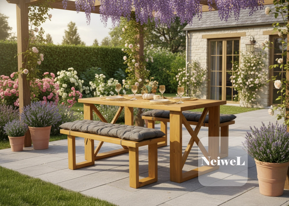 Neiwel Garden Dian Doğal Ahşap Banklı Bahçe Masa Takımı