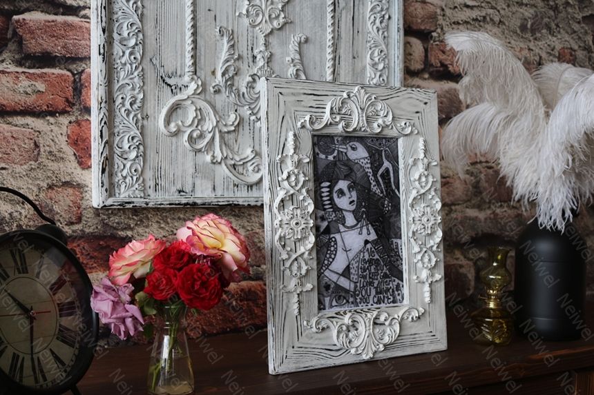 Neiwel Vintage Flora Eskitme Beyaz Resim ve Ayna Çerçevesi