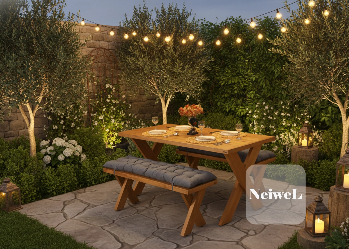 Neiwel Garden Aksa Doğal Ahşap Banklı Bahçe Masa Takımı