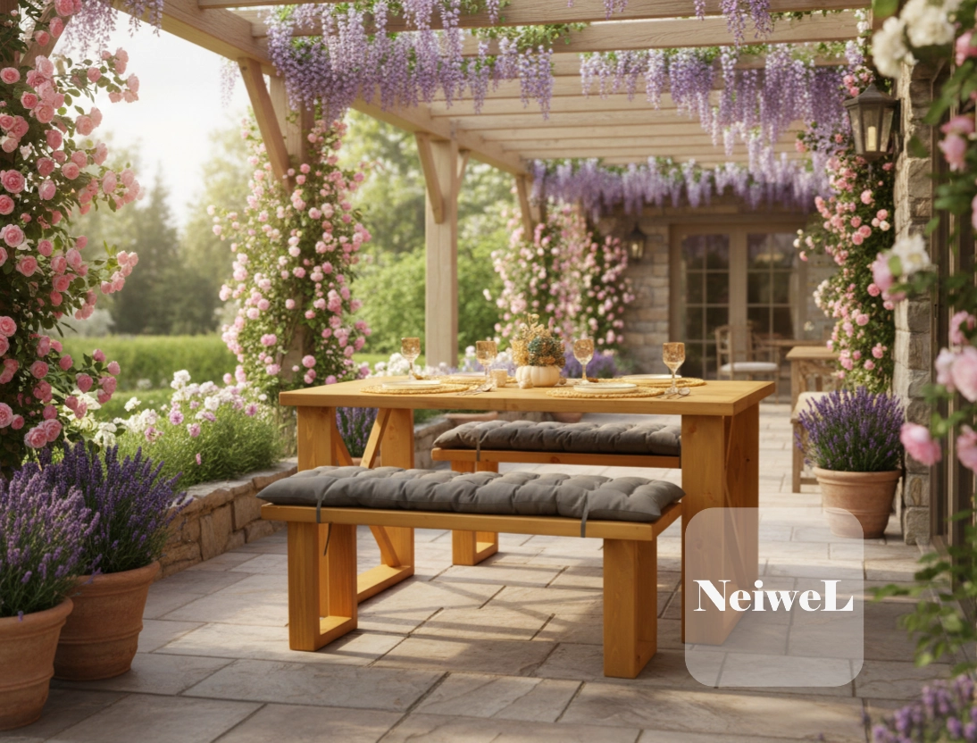 Neiwel Garden Dian Doğal Ahşap Banklı Bahçe Masa Takımı