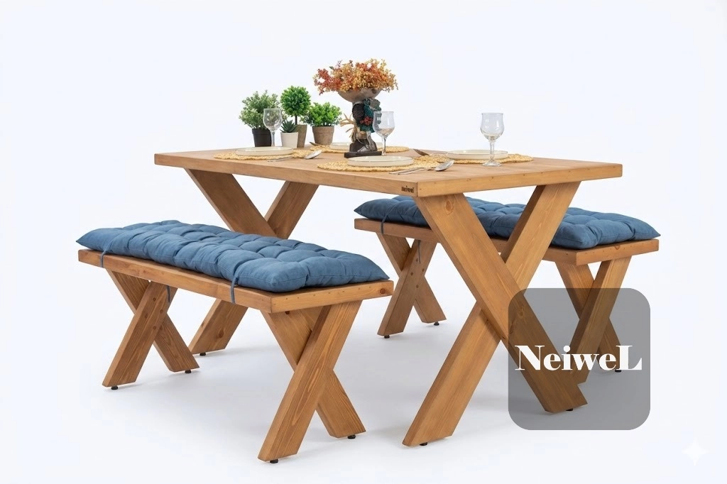 Neiwel Garden Aksa Doğal Ahşap Banklı Bahçe Masa Takımı