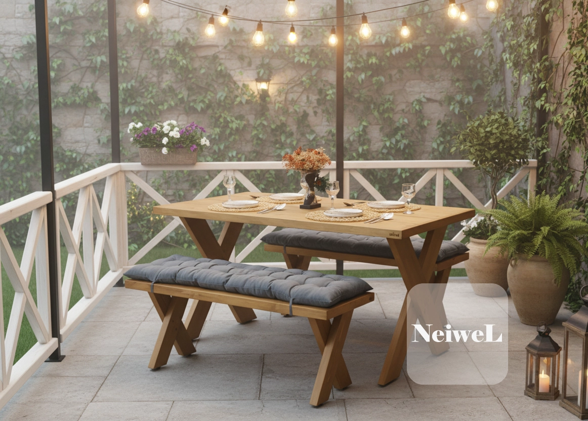 Neiwel Garden Aksa Doğal Ahşap Banklı Bahçe Masa Takımı