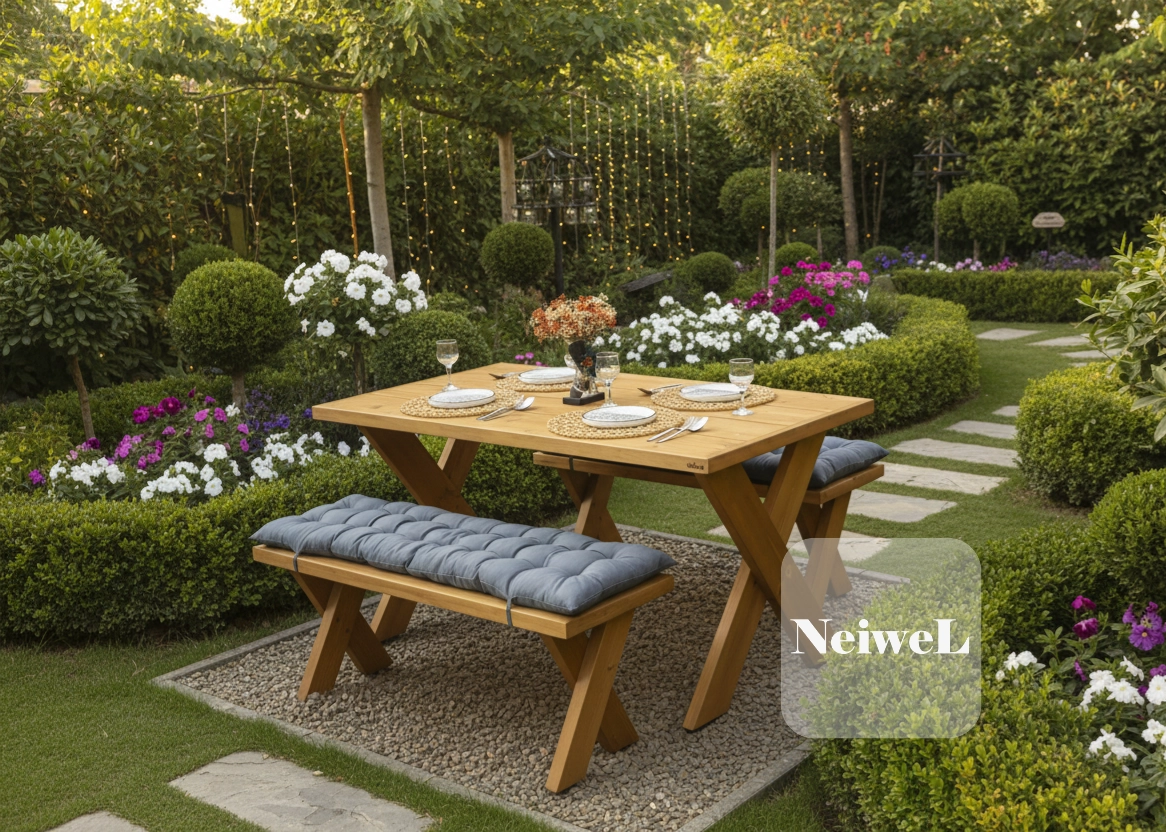 Neiwel Garden Aksa Doğal Ahşap Banklı Bahçe Masa Takımı