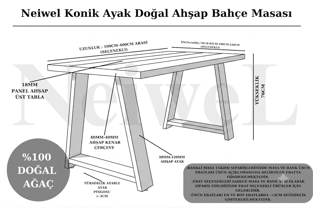 Neiwel Garden Zena Doğal Ahşap Bahçe Masa