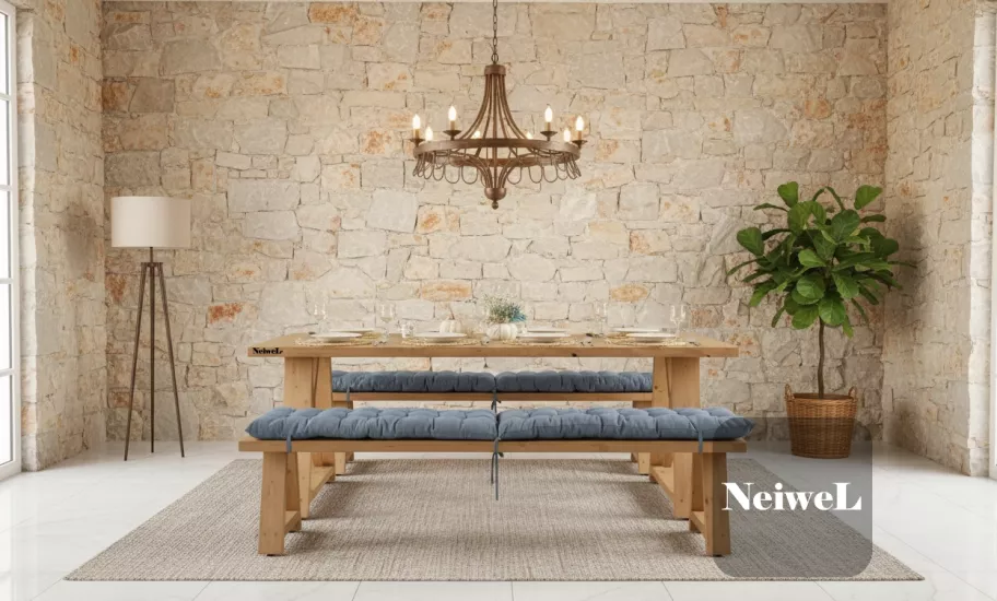Neiwel İvea Doğal Ağaç Banklı Yemek Masası Takımı